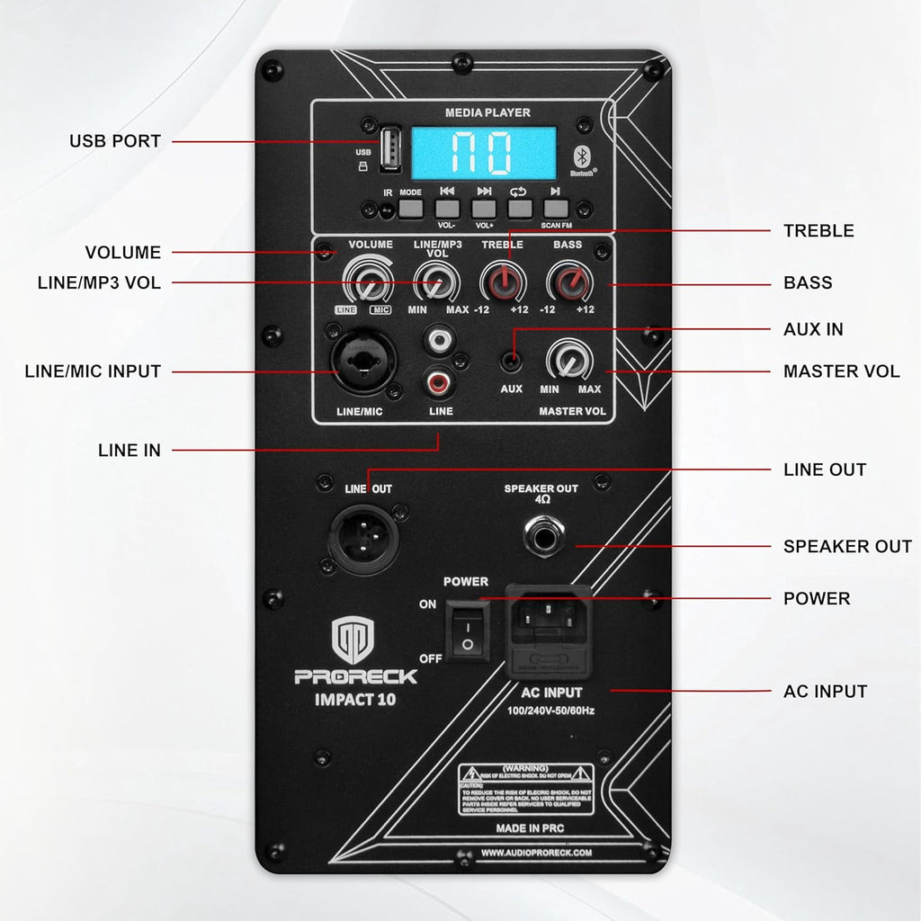 PRORECK IMPACT 10 10-Inch Stereo Speakers, 800W Peak Power Bluetooth PA Speaker