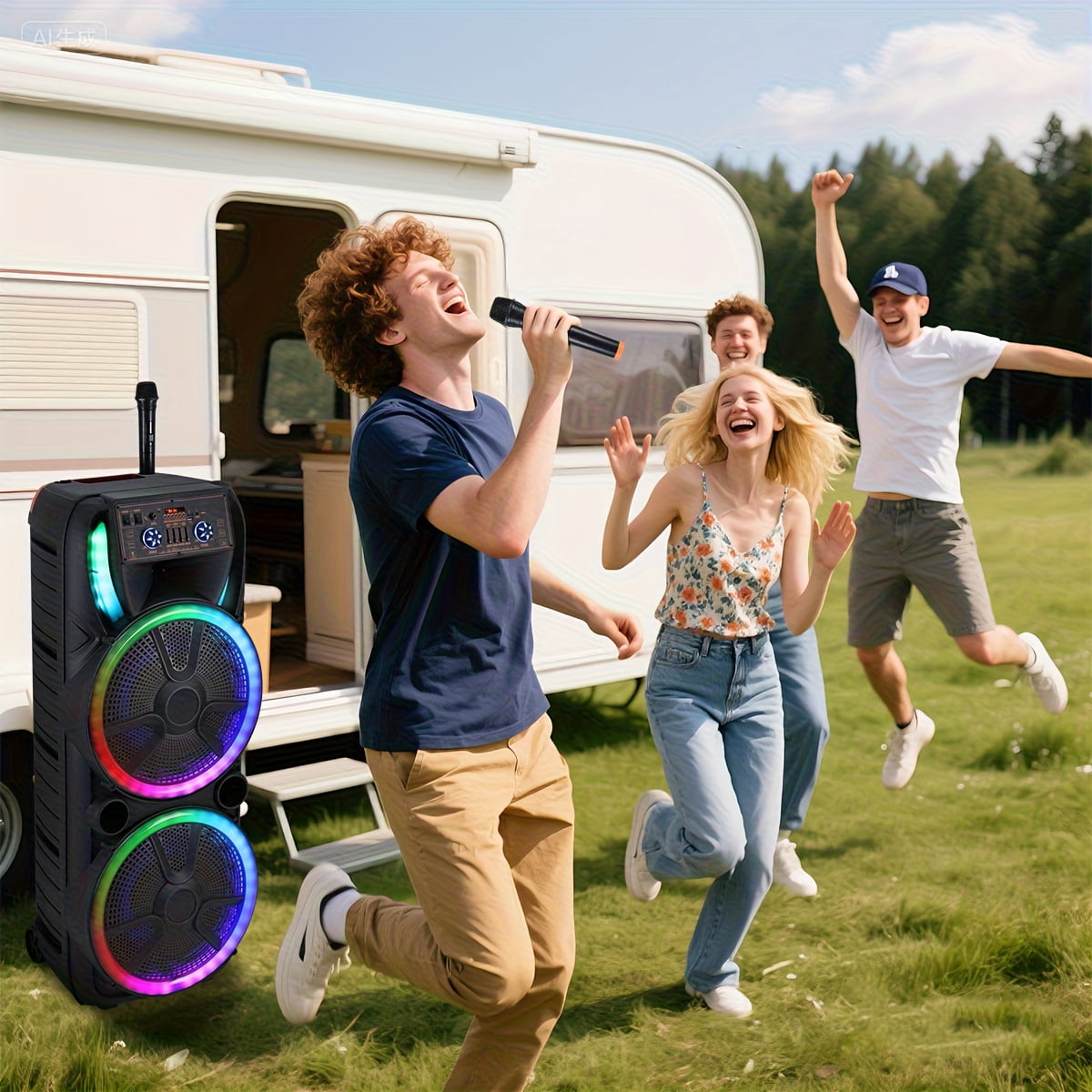 Lohoms Dual 15 inch Karaoke Speaker Party Speaker System W/ 2 Microphone Portable Party Box Loud Big Speaker Wireless Bluetooth Stereo Rechargeable Remote Control LED Lighting