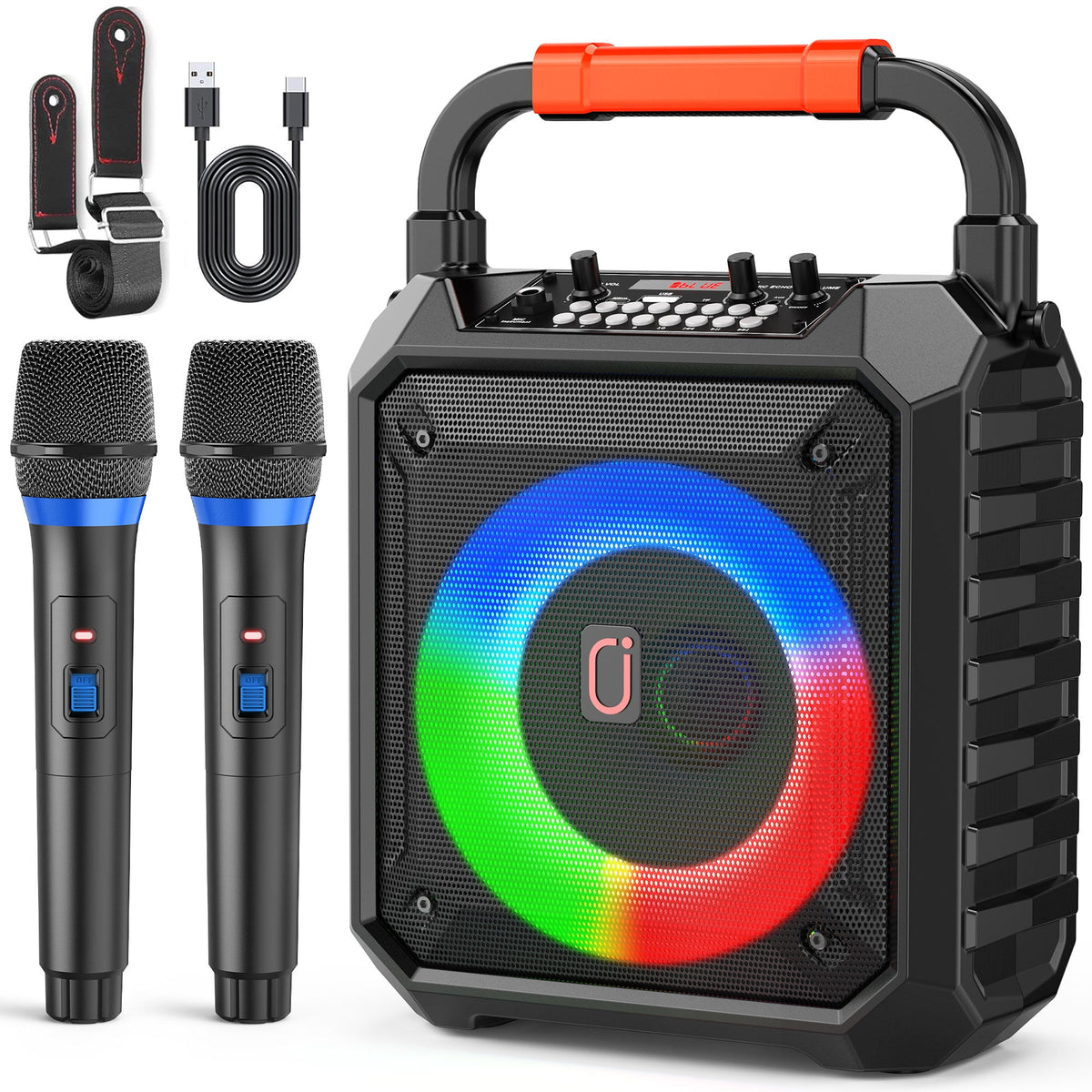 FanFun Bluetooth Speaker with Microphones, Portable Speaker With AUX Input, 20W Stereo Sound Party Speaker with Lights, Outdoor Powerful Speakers, 12H Playing Time, T17-T