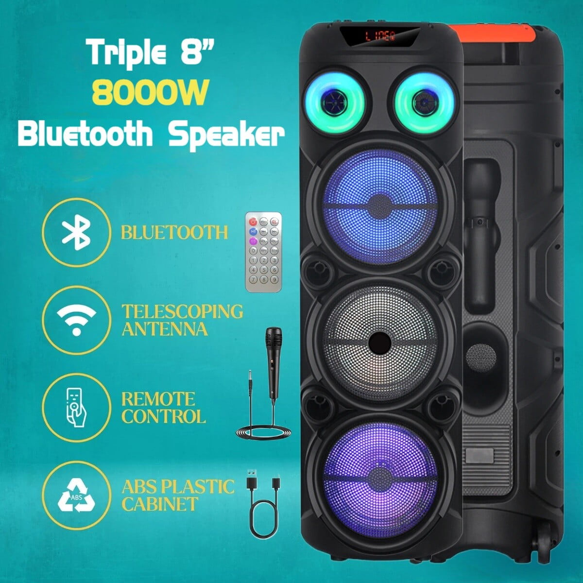 CURUK Portable Wireless Bluetooth Speaker Triple 8" Woofer PA System FM AUX TWS, MIC, RC, LED Light