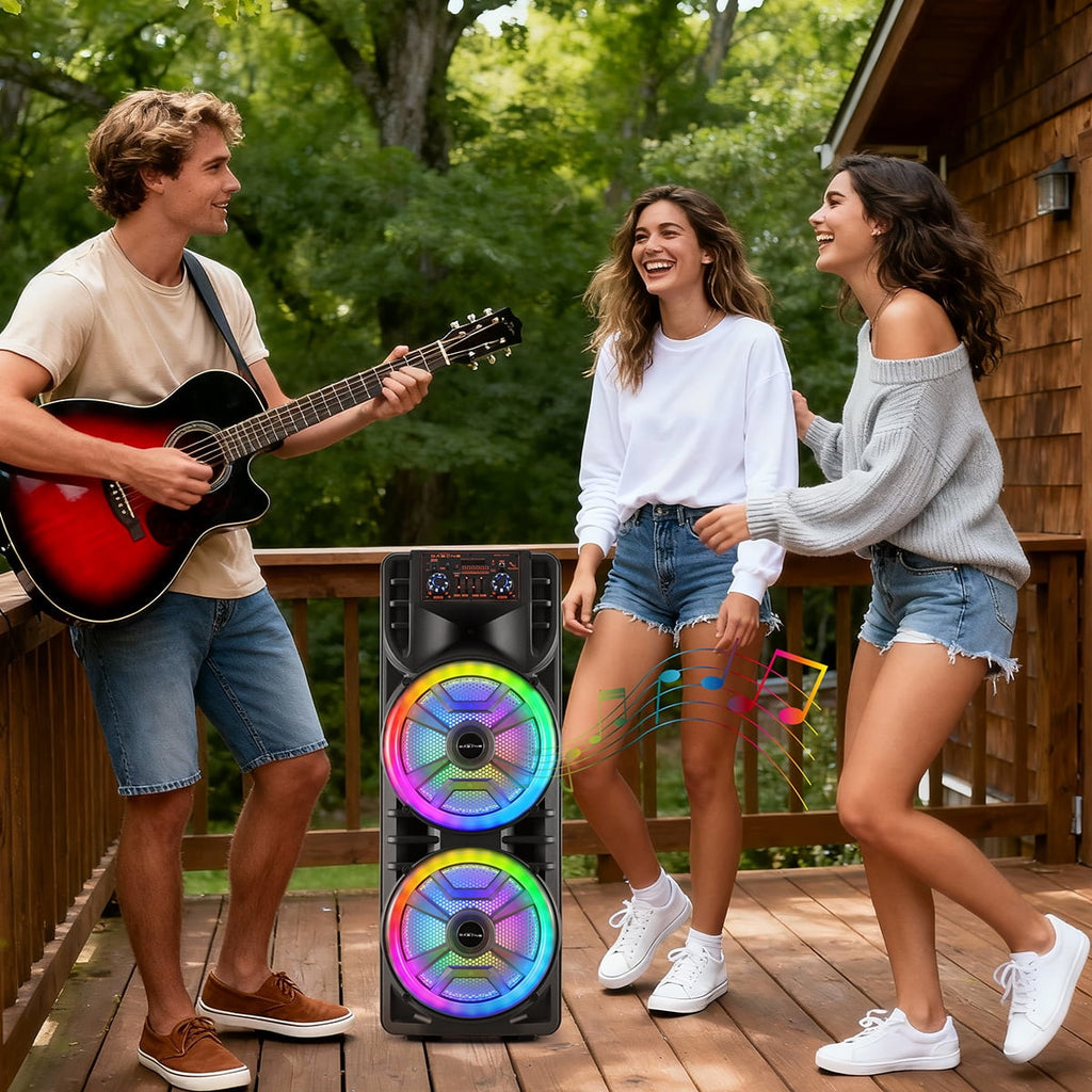 Curuk Wireless Speaker With Wireless Mic, 2800W Portable Bluetooth Speaker Dual 12” Subwoofer Heavy Bass Party DJ PA Sound System FM Mic LED Light