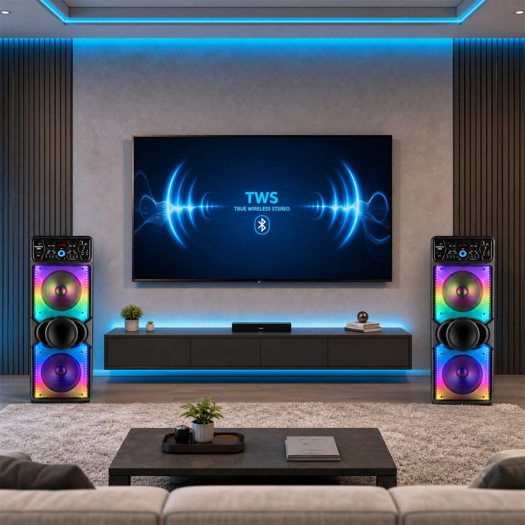 Dazone Dual 10" Bluetooth Speaker High Powered Rechagreable Wireless PA System Subwoofer Tweeter With AUX Microphone Karaoke LED Lights