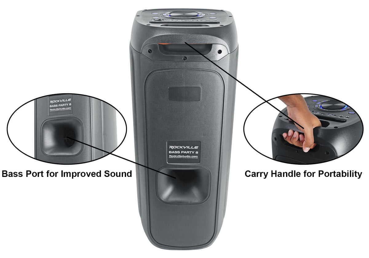 Rockville BASS PARTY 8 Bluetooth Portable Speaker, LED Lighting, Remote Included, Black