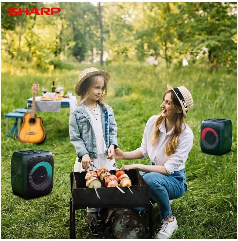 Sharp 8" Bluetooth Party Speaker 2-Pack – 400W Peak Power, LED Lights, 12-Hour Battery, TWS Stereo – PS-916