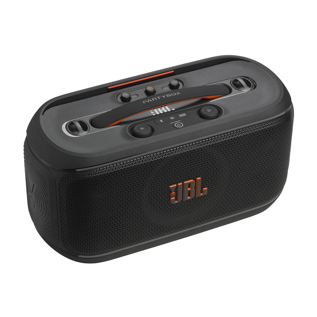 JBL PartyBox On-The-Go 2 - Portable party speaker with one wireless digital mic, handle and a shoulder strap, Dynamic lightshow, Up to 15 hours playtime, Splash proof & Auracast™ (Black)