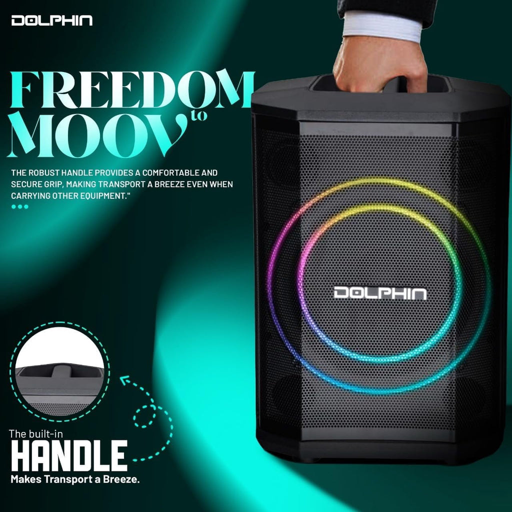 Dolphin SP-885RBT Rechargeable Portable Bluetooth Party Speakers, Tiltable, 3D LED Ring Light, TWS, Wireless Microphone, and Multiple Playback Options