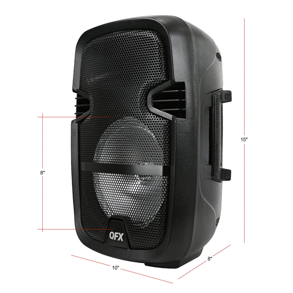 QFX PBX-808TWS Dual 8-Inch Portable Bluetooth PA Speaker System with Stands, Wired Mics, Remotes, USB/FM/TWS/LED
