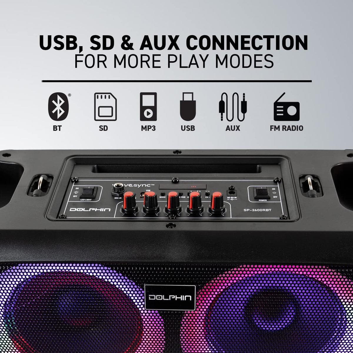 Dolphin SP-2600RBT Boombox Speaker with Mic Input & Sound-Activated Light, Bluetooth & USB, Play Music Anywhere