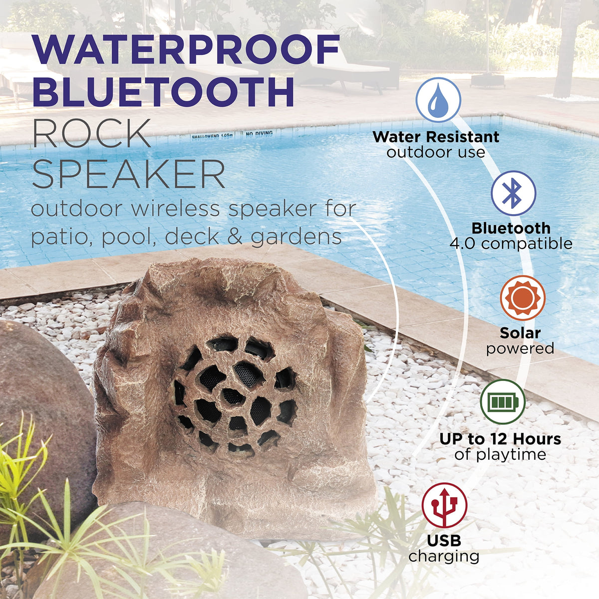 Alpine Corporation QLP542SLR-BR 11-in H Waterproof Bluetooth Solar-Powered Outdoor Rock Speaker – Wireless Portable Audio System with 50-ft Range, High-Fidelity Sound, Brown