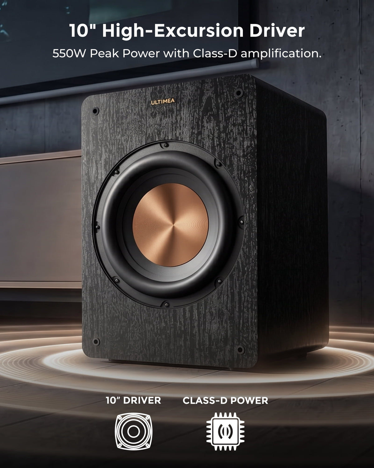 ULTIMEA 10" Powered Subwoofer with Wireless Adapter, 550W Peak, 20Hz Low Frequency, App Bass Control, EQ & 0-180° Phase, Bluetooth 6.0, RCA/LFE & Speaker-Level Inputs for HiFi & A, SUB1
