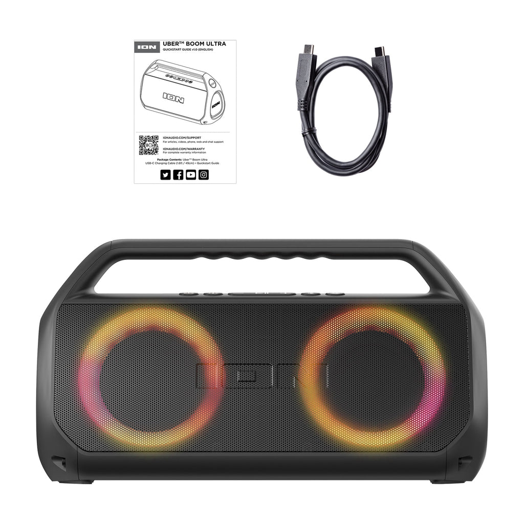 ION Uber Boom Ultra Portable Bluetooth Boom Box with Speakerphone, Lights, and Stereo-Link