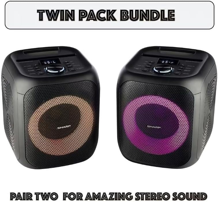 Sharp 8" Bluetooth Party Speaker 2-Pack – 400W Peak Power, LED Lights, 12-Hour Battery, TWS Stereo – PS-916