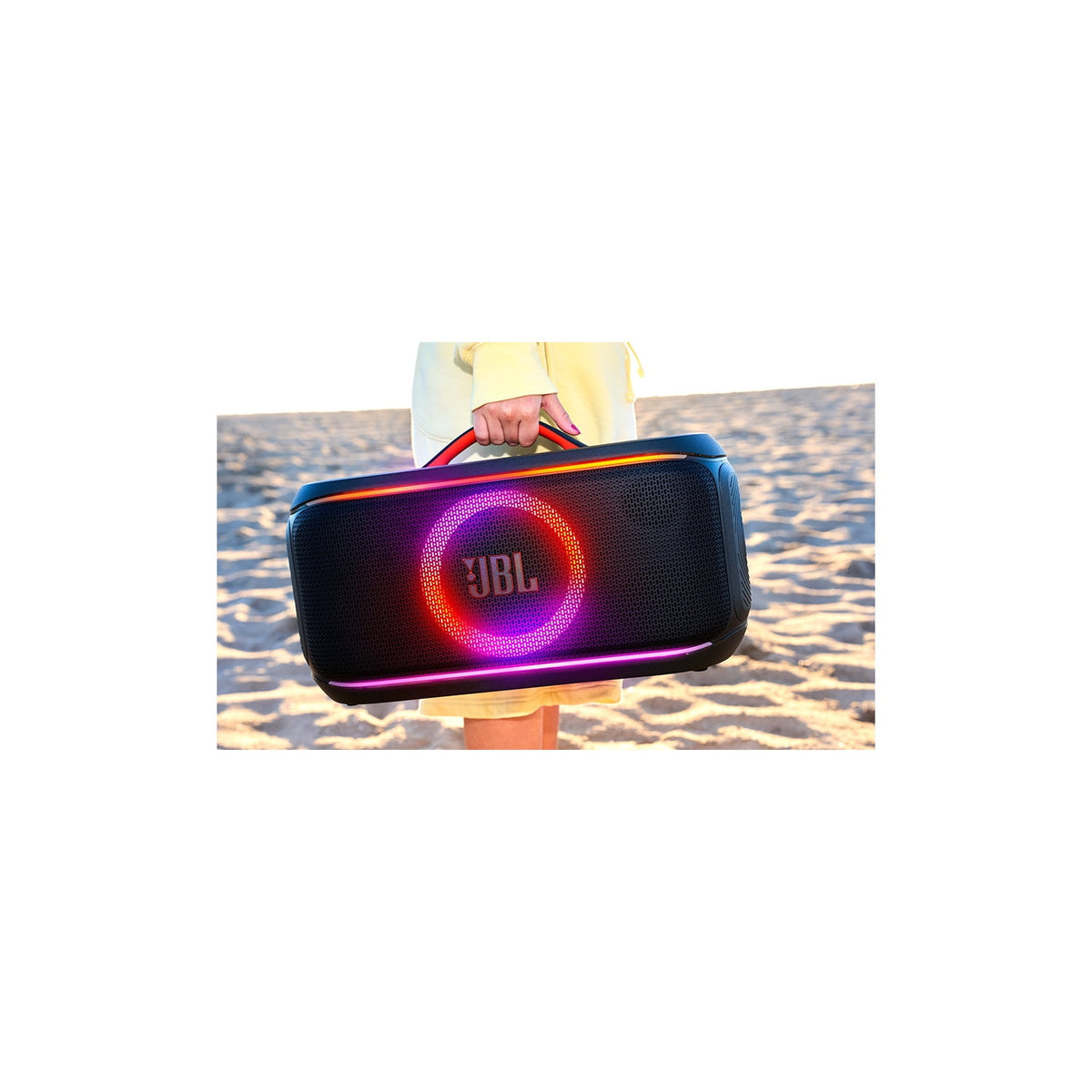JBL PartyBox On-The-Go 2 - Portable party speaker with one wireless digital mic, handle and a shoulder strap, Dynamic lightshow, Up to 15 hours playtime, Splash proof & Auracast™ (Black)