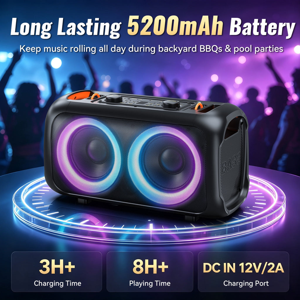 FRESHDEW Big Bluetooth Speakers with Microphone, Outdoor Party Speaker with Tws and EQ Control Aux Usb
