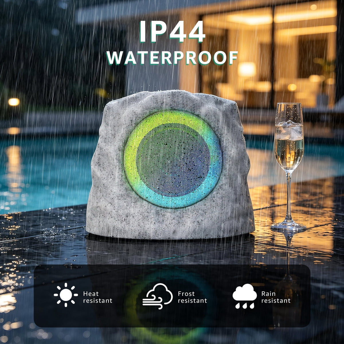 NiceBuy Outdoor Waterproof Solar Powered Bluetooth Rock Speakers with TWS Pairing and RGB Lights, 2 Pack