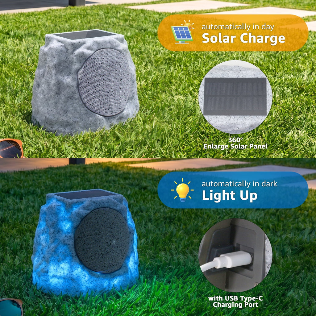 NiceBuy Outdoor Waterproof Solar Powered Bluetooth Rock Speakers with TWS Pairing and RGB Lights, 2 Pack