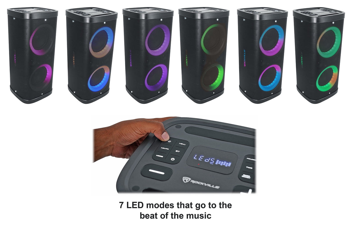(2) Rockville BASS PARTY 65 V2 Rechargeable LED Wireless Link Bluetooth Speakers