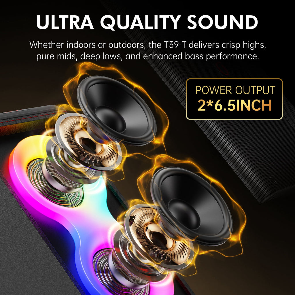 JYX Bluetooth Speaker, Dual 6.5'' Subwoofer Portable Party Speaker System for Outdoor, Deep Bass Party Box with Led Lights, T27-T