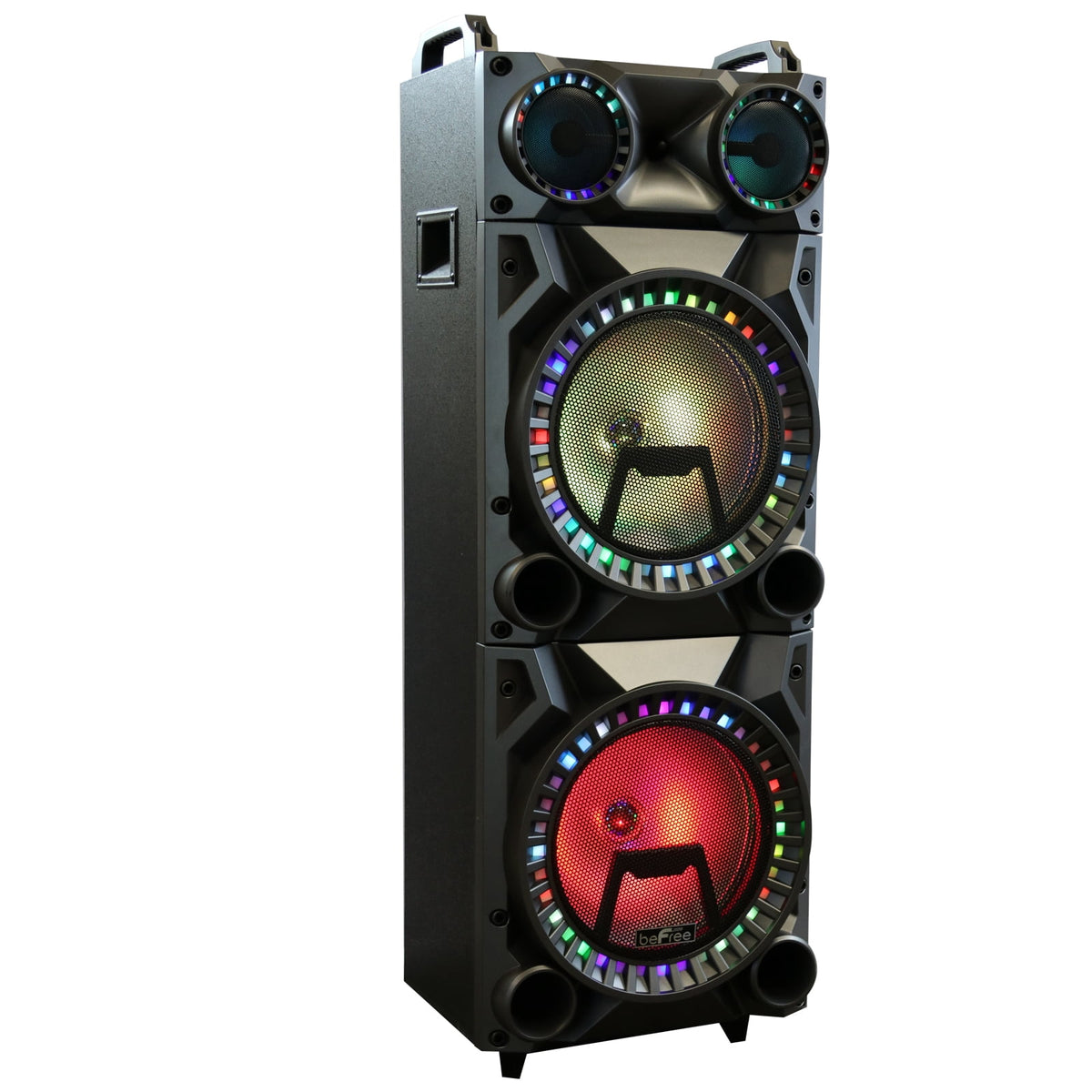 beFree Sound Rechargeable Bluetooth 12inch Double Subwoofer Portable Party Speaker with Dual Layer Reactive Party Lights, USB, SD and AUX Inputs with FM Radio