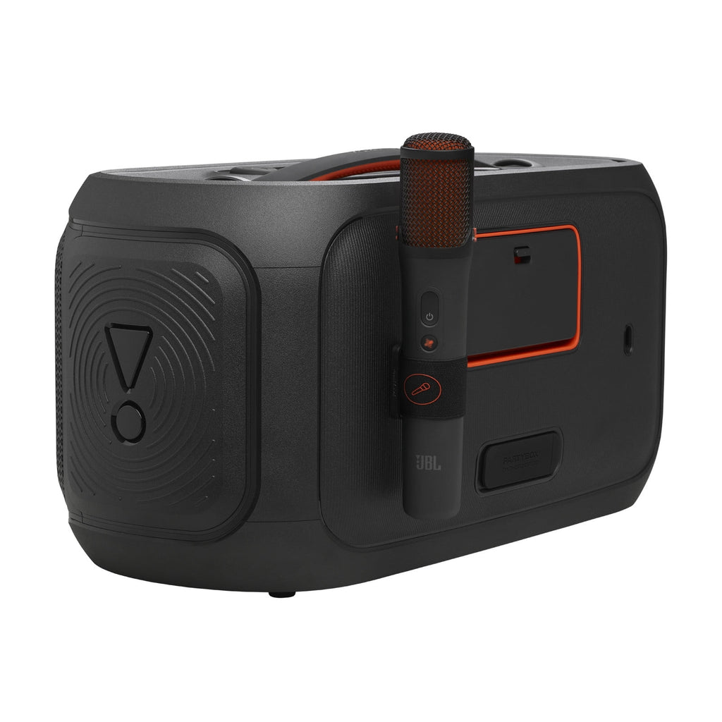 JBL PartyBox On-The-Go 2 - Portable party speaker with one wireless digital mic, handle and a shoulder strap, Dynamic lightshow, Up to 15 hours playtime, Splash proof & Auracast™ (Black)