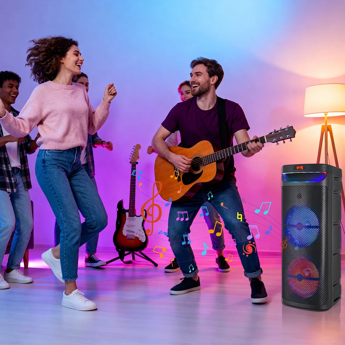RIDWIND 8000W Peak Power Dual 12" Woofers Portable Bluetooth Speaker Indoor & Outdoor Loud Heavy Bass Sound System With Microphone RGB Party Lights Remote Control Support TWS/USB/FM/AUX/TF