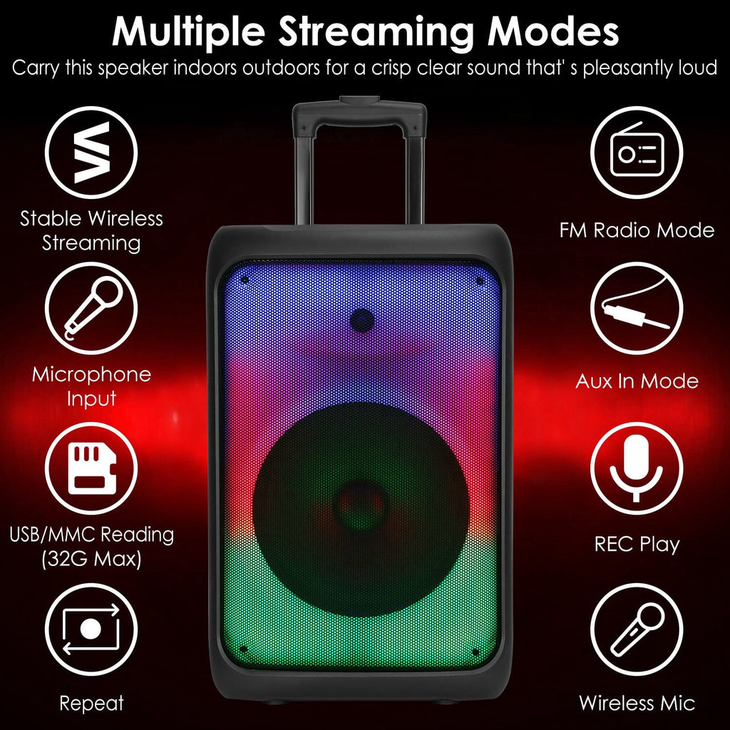 Portable Wireless Speakers with Lights & Remote Control, TWS FM USB MMC Slot Aux In Recording Mic for Outdoor Party