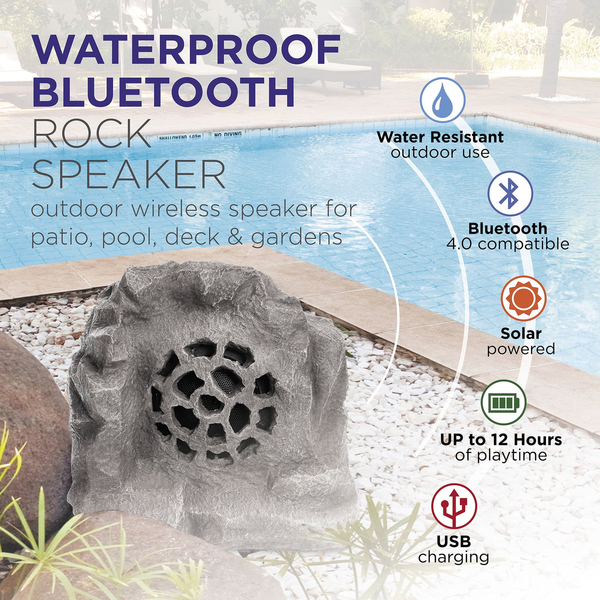 Alpine Corporation QLP542SLR-BR 11-in H Waterproof Bluetooth Solar-Powered Outdoor Rock Speaker – Wireless Portable Audio System with 50-ft Range, High-Fidelity Sound, Brown