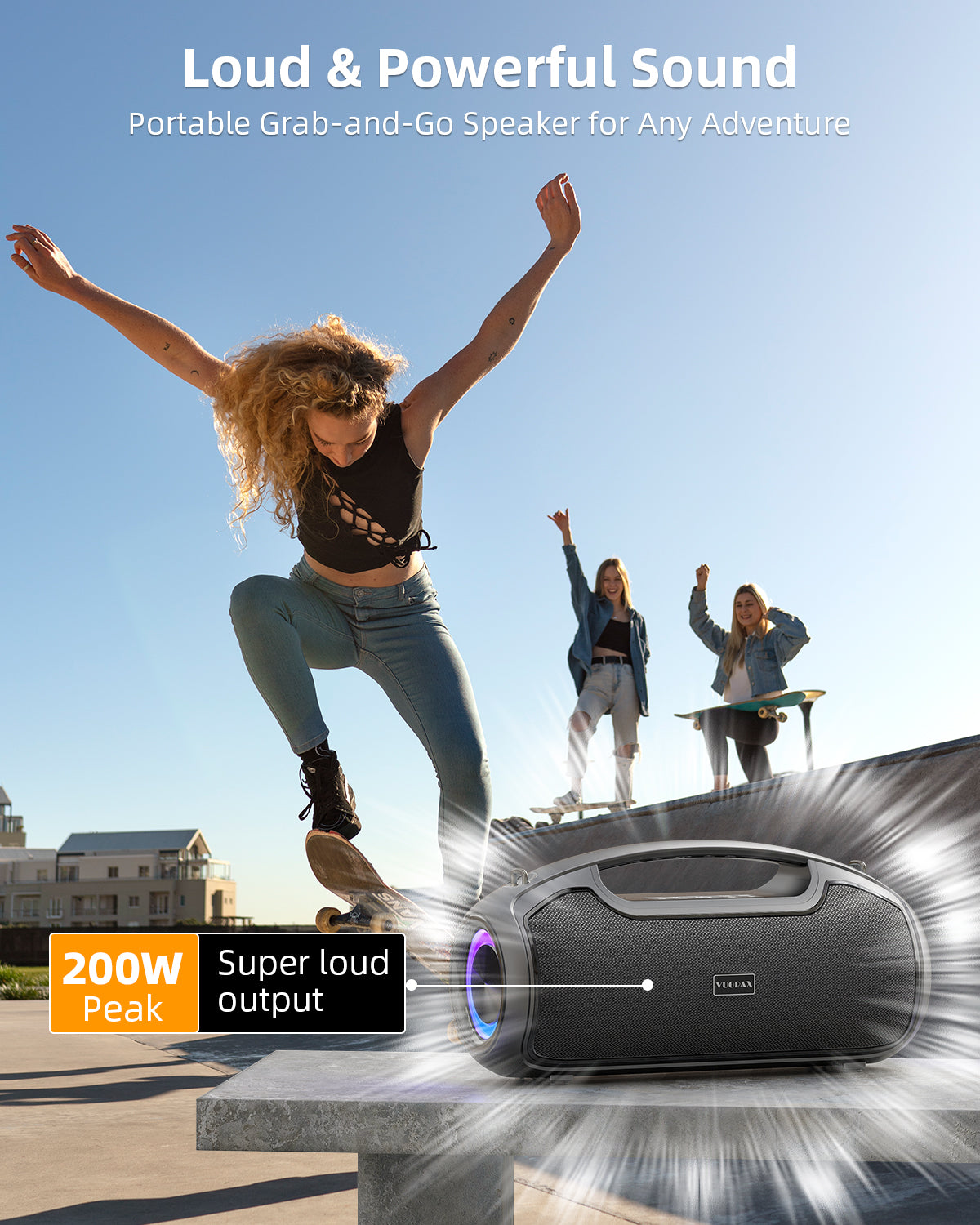 Portable Bluetooth Speaker 200W Peak,IP65 Waterproof Outdoor Wireless Speaker with 24H Playtime,Deep Bass,TWS and USB/AUX/TF Input for Party