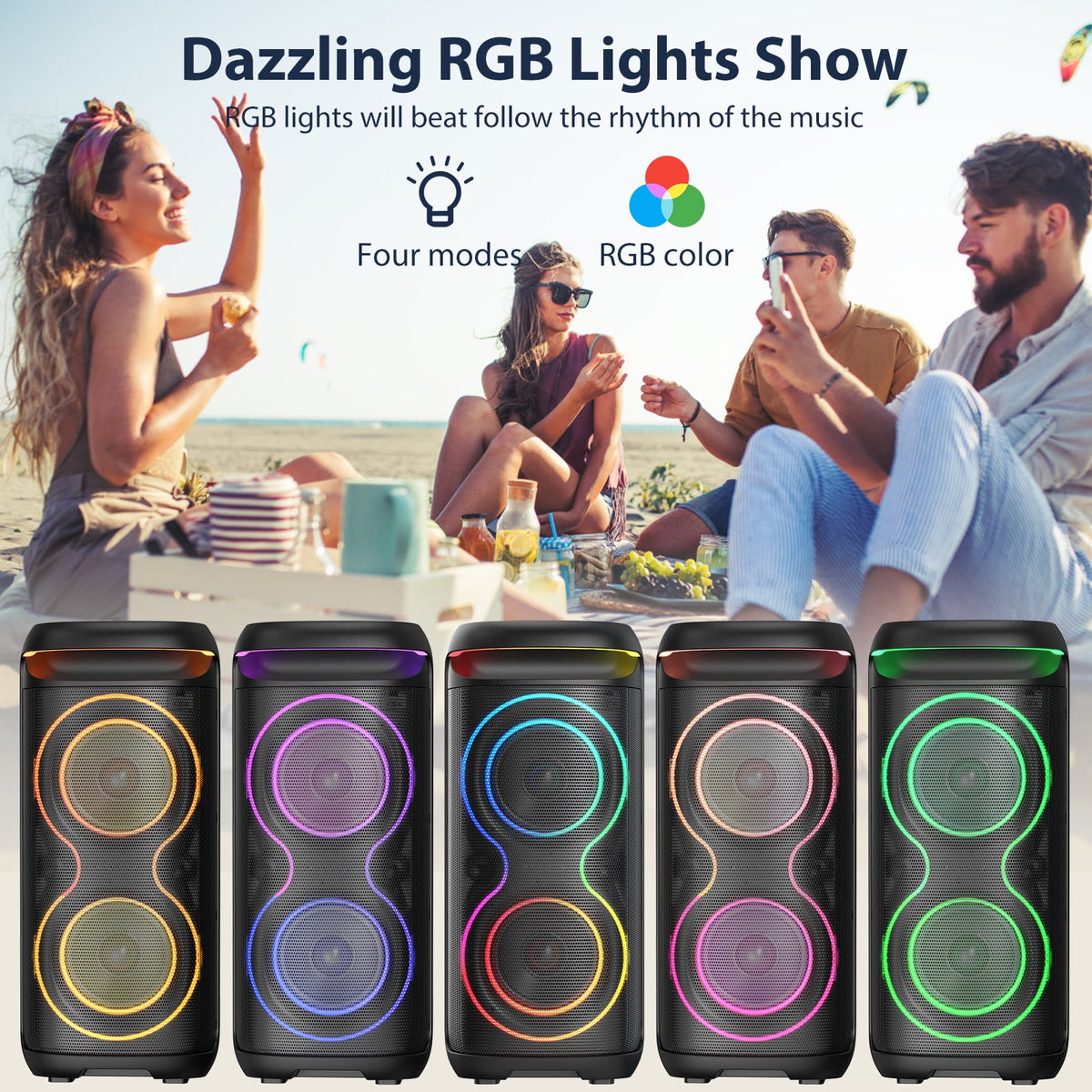 JYX Large Party Speaker, Bluetooth Speaker With Dazzling Rgb Light for Outdoor, Two 6.5'' Subwoofer