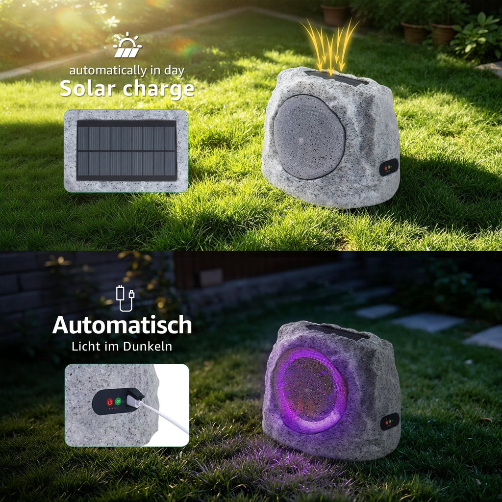 NiceBuy Outdoor Waterproof Solar Powered Bluetooth Rock Speakers with TWS Pairing and RGB Lights, 2 Pack