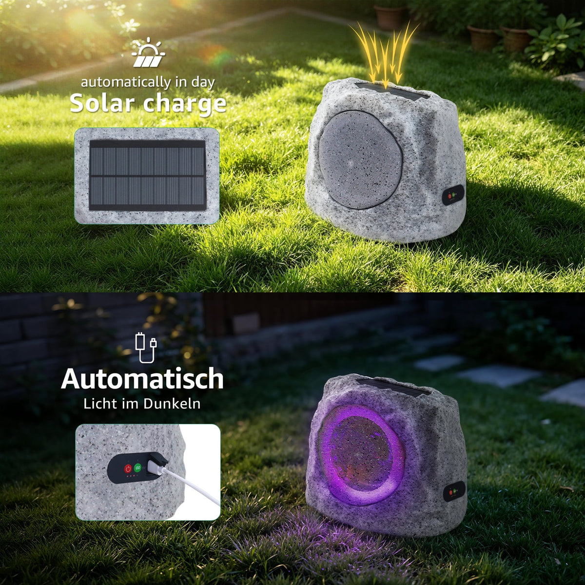 NiceBuy Outdoor Waterproof Solar Powered Bluetooth Rock Speakers with TWS Pairing and RGB Lights, 2 Pack