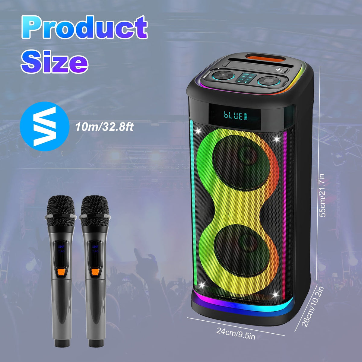 Imountek Portable Wireless Party Speaker with LED Lights, Wireless Mic, Remote, TWS, FM Radio, 10H Playtime, IPX6