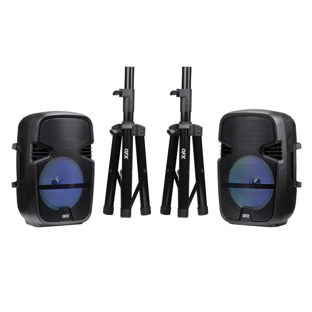 QFX PBX-808TWS Dual 8-Inch Portable Bluetooth PA Speaker System with Stands, Wired Mics, Remotes, USB/FM/TWS/LED