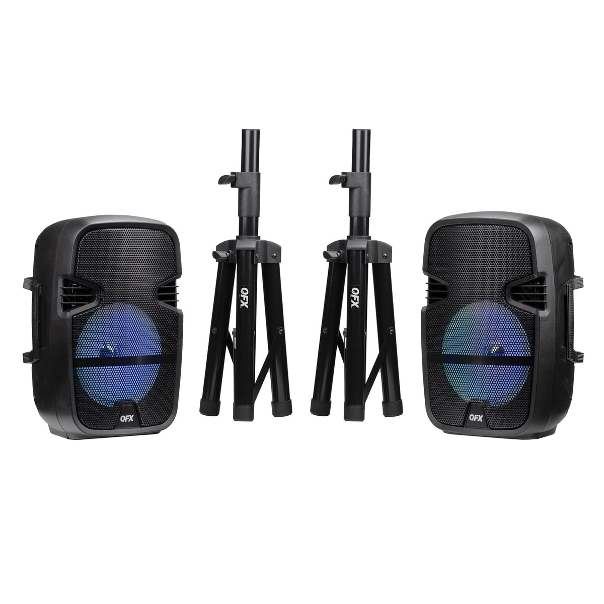 QFX PBX-808TWS Dual 8-Inch Portable Bluetooth PA Speaker System with Stands, Wired Mics, Remotes, USB/FM/TWS/LED
