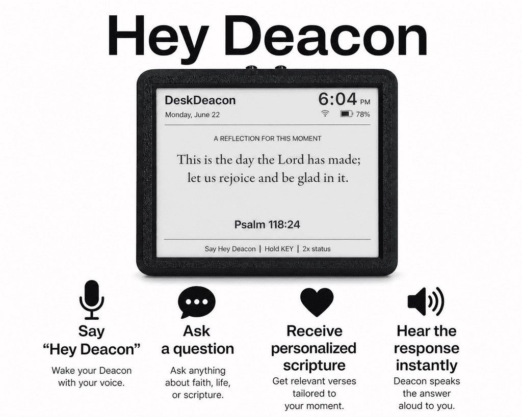 Desk Deacon™ – Christian Desk Robot Companion for Daily Scripture, Personalized Prayer, Christian Music & Bible Study | Smart Speaker | Voice-Activated Dedicated Faith Device | Wi-Fi Enabled