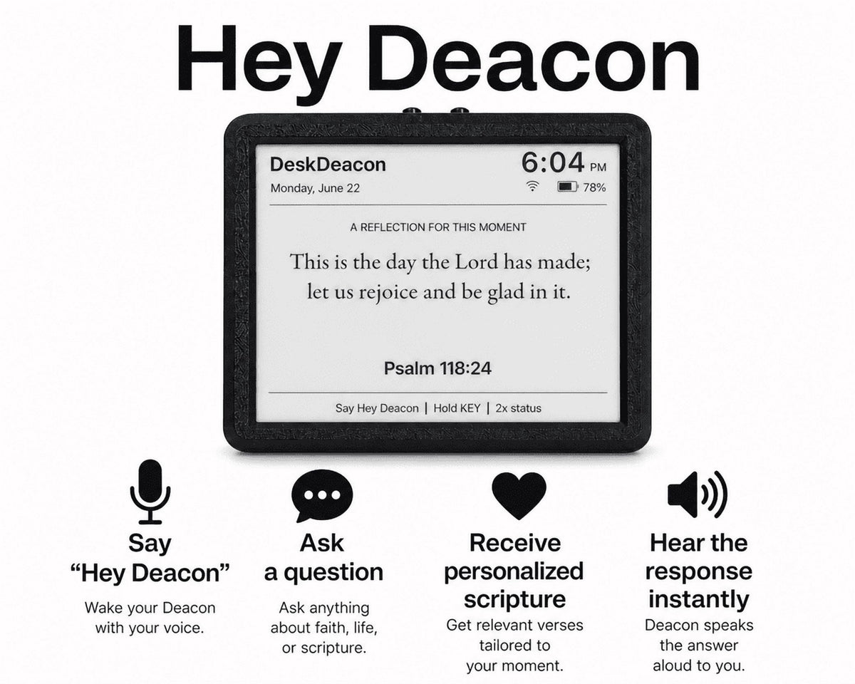 Desk Deacon™ – Christian Desk Robot Companion for Daily Scripture, Personalized Prayer, Christian Music & Bible Study | Smart Speaker | Voice-Activated Dedicated Faith Device | Wi-Fi Enabled