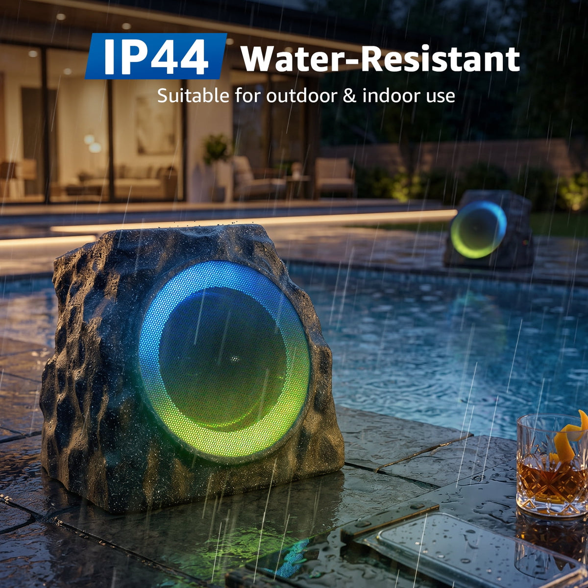 NiceBuy Outdoor Waterproof Solar Powered Bluetooth Rock Speakers with TWS Pairing and RGB Lights, 2 Pack