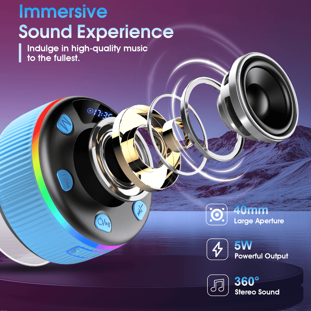 Bluetooth Shower Speaker, IPX7 Waterproof Wireless Speaker with Suction Cup, Time & Battery Display, Hands-Free Calls, 8–15H Playtime, 360° Sound Portable Mini Speaker for Bathroom and Travel