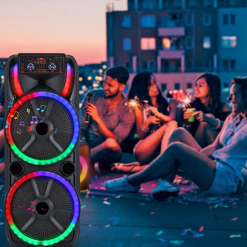 Lohoms Dual 15 inch Karaoke Speaker Party Speaker System W/ 2 Microphone Portable Party Box Loud Big Speaker Wireless Bluetooth Stereo Rechargeable Remote Control LED Lighting