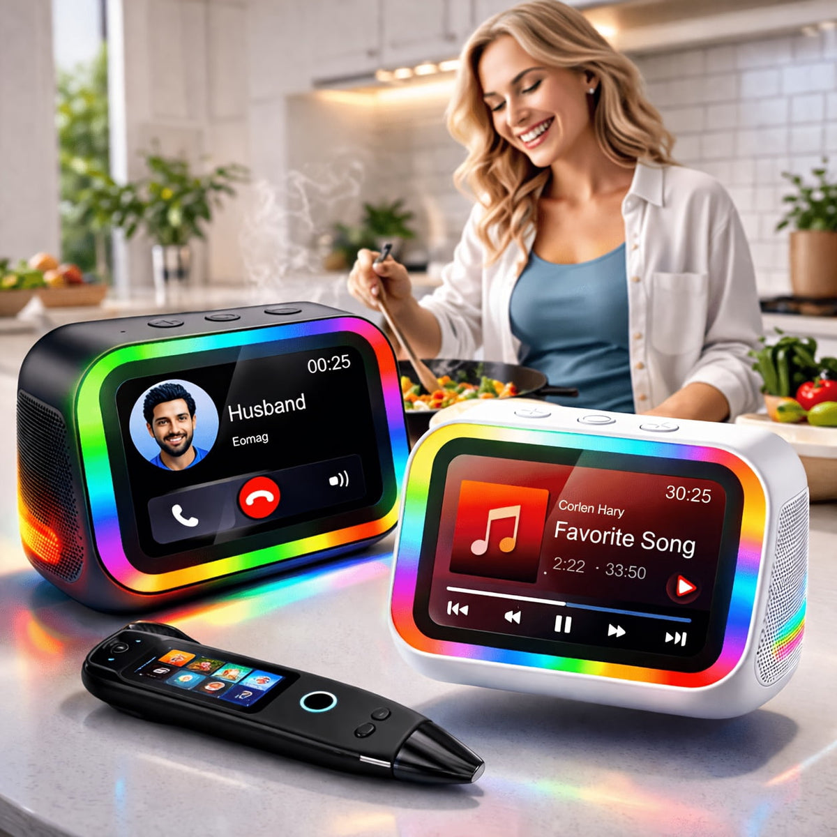 Smart Alarm Clock Speaker, Dynamic RGB Light, Hi-Fi Stereo, HD Display, Calls & Voice Assistant, Period Tracker, Portable Bedside Digital Clock