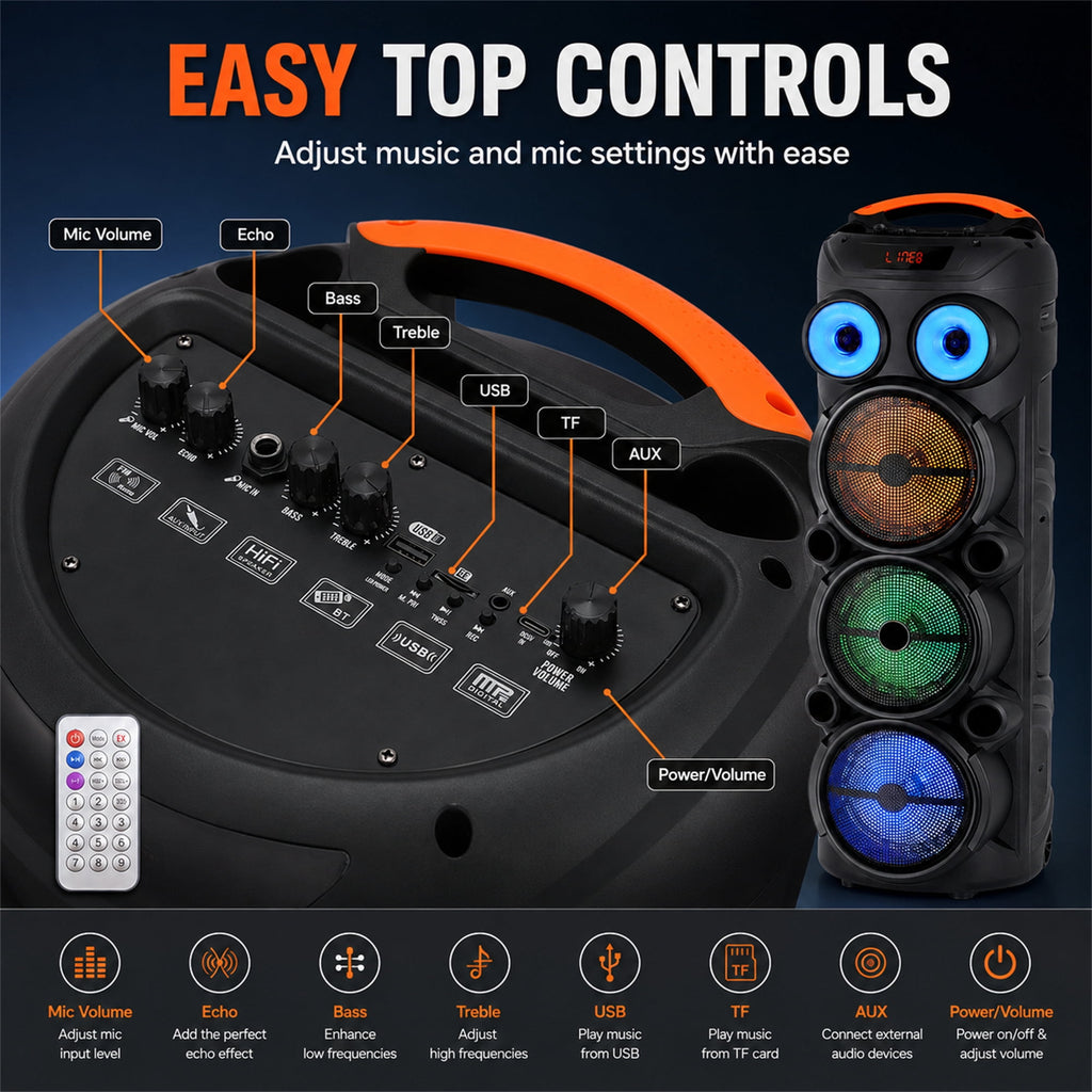 Lohoms Triple 8" Bluetooth Party Speaker, Portable Karaoke Machine & Outdoor PA Sound System with Powerful Stereo Sound, LED Lights, Wireless Mic, TWS Pairing, FM, USB, TF & AUX