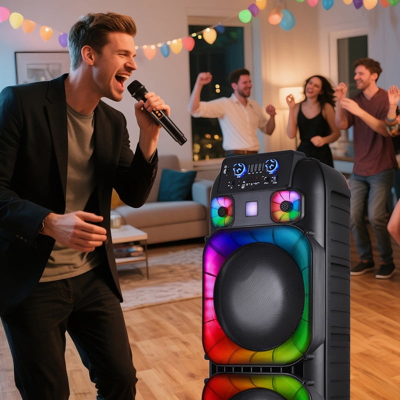 RIDWIND 4000W Peak Power Bluetooth Speakers Portable Wireless Speaker with Double 6.5 inch Subwoofer Heavy Bass,FM Radio, Microphone, Lights, Remote Control TWS Stereo Sound System Speaker