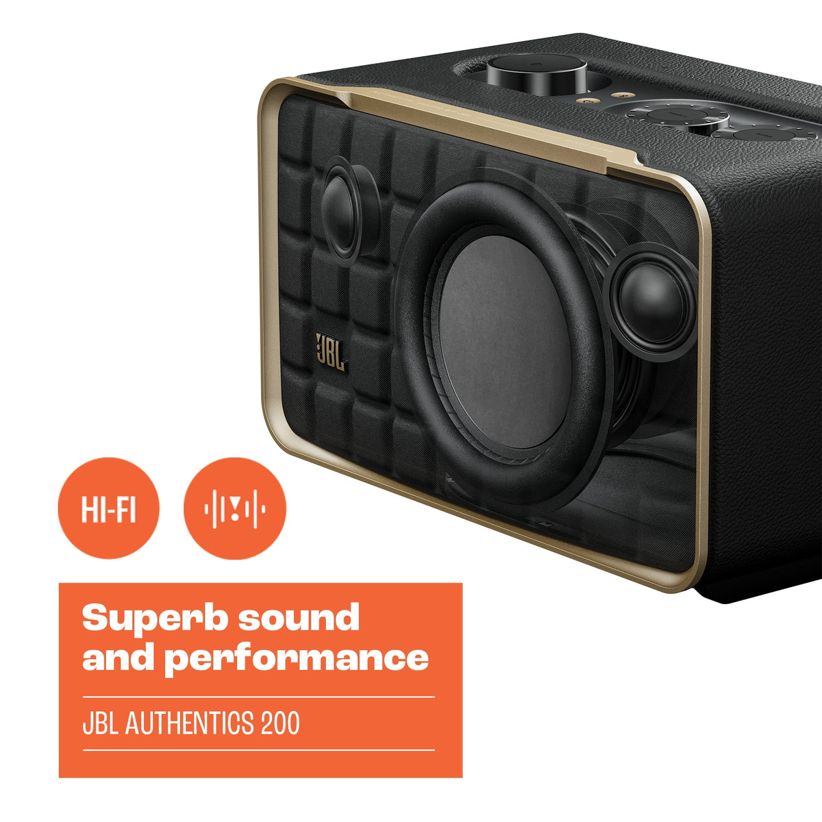 Restored JBL Authentics 200 - Smart home speaker with Wi-Fi, Bluetooth and Voice Assistants with retro design - Black (Refurbished)
