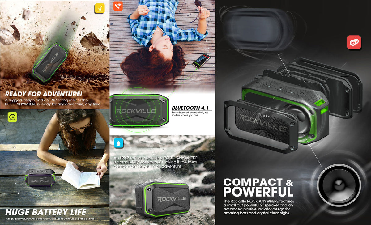 Rockville ROCK ANYWHERE 2-Pack Portable Bluetooth Speaker, 20W Output, 30-Hour Battery, IPX7 Waterproof, TWS Stereo, Includes Handlebar Mount, Cables