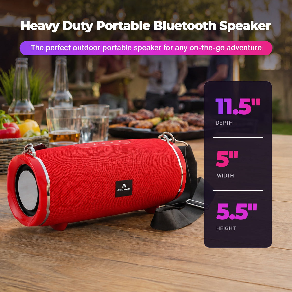 Max Power Encore Wireless Bluetooth 5.3 Speaker with Adjustable Shoulder Strap, Red