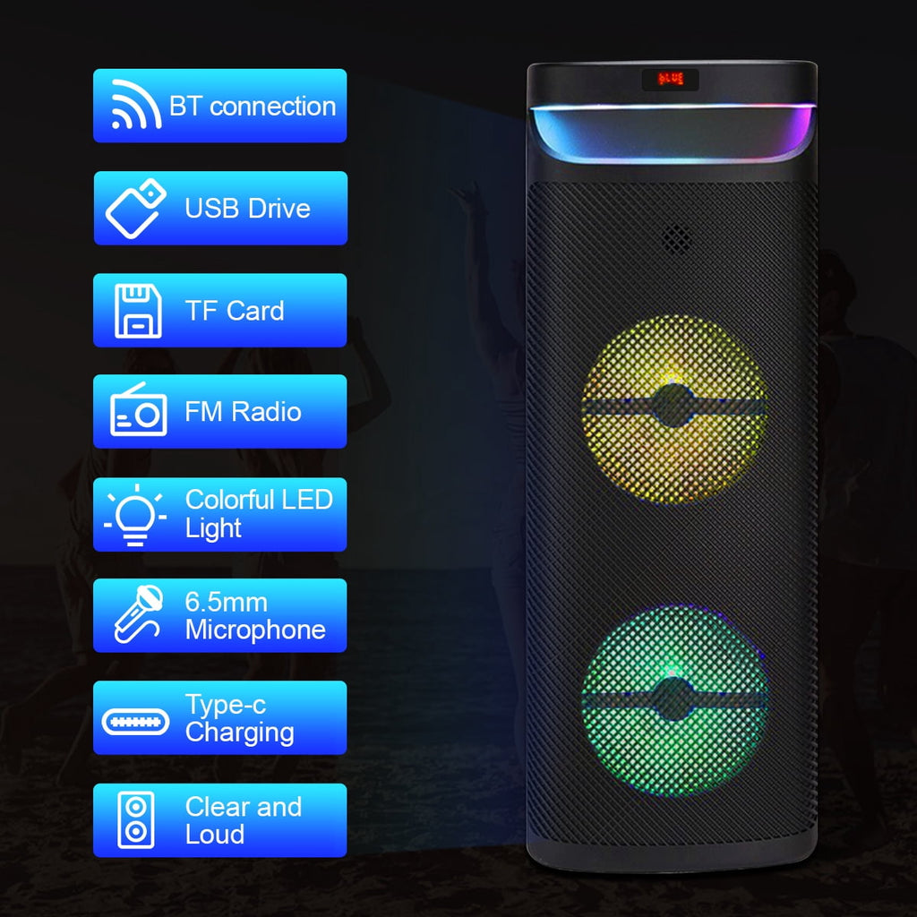 RIDWIND 8000W Peak Power Dual 12" Woofers Portable Bluetooth Speaker Indoor & Outdoor Loud Heavy Bass Sound System With Microphone RGB Party Lights Remote Control Support TWS/USB/FM/AUX/TF