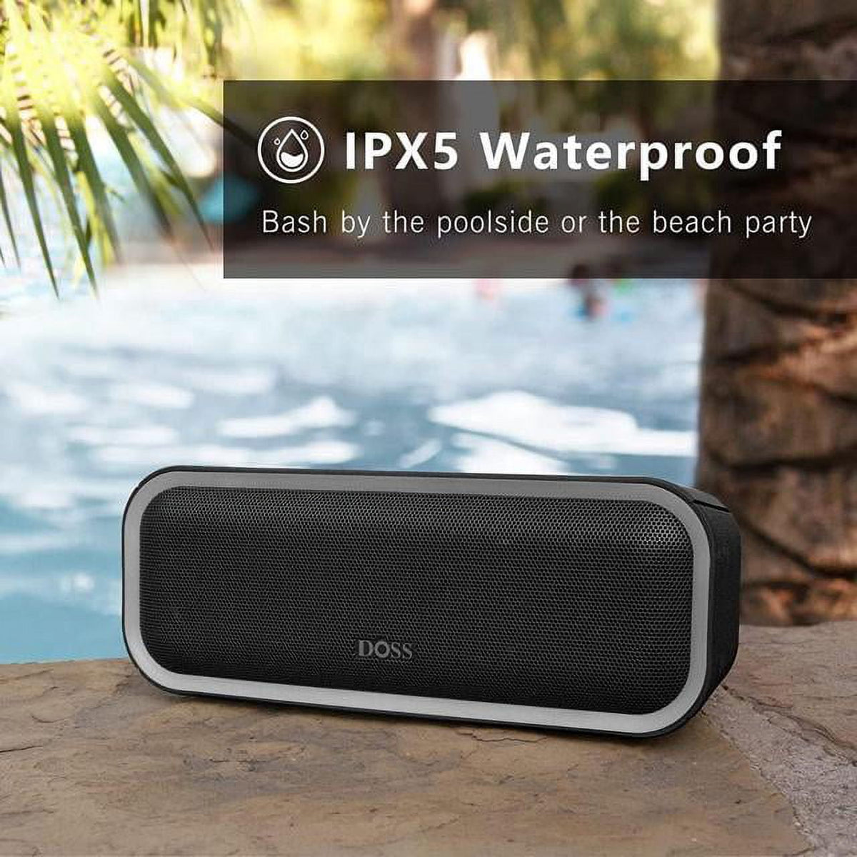 DOSS Wireless Bluetooth Speaker with 24W Impressive Sound, Booming Bass, IPX6 Waterproof, 15Hrs Playtime, Wireless Stereo Pairing, Mixed Colors Lights, 66 FT -Black