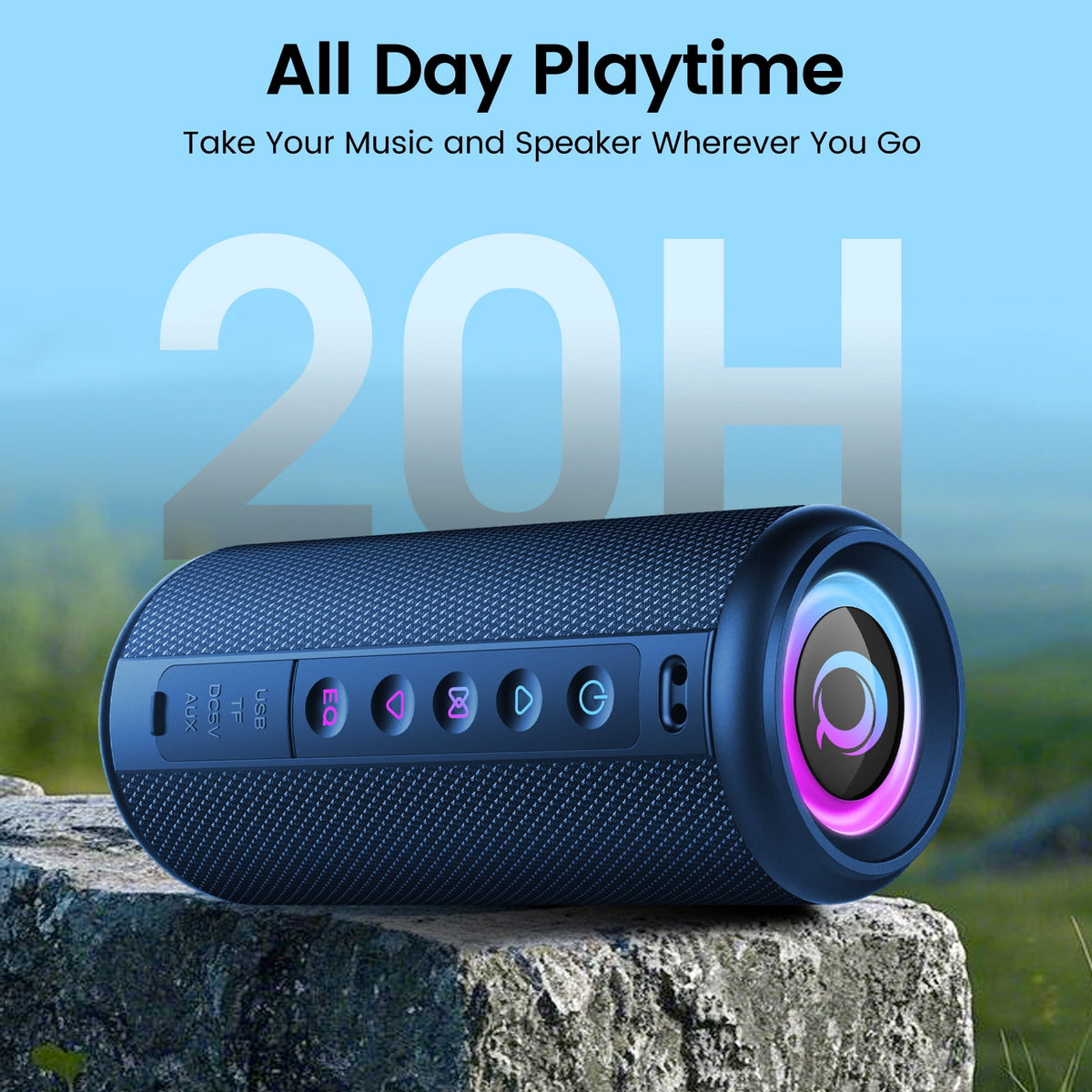 Portable Bluetooth Speaker, Bluetooth 5.4 Wireless Speaker, IPX7 Waterproof Outdoor Speaker with RGB Party Lights, 20W Stereo Sound, 20H Playtime, TWS Pairing for Camping, Beach, Home Party