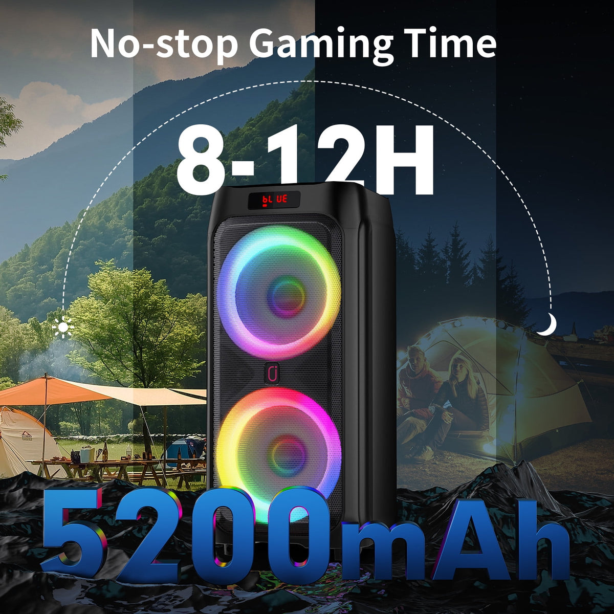 FanFun Portable Bluetooth Speaker with Microphones, Party Speaker with Lights, Remote Control, Powerful Loudspeaker, AUX Input, FM, REC