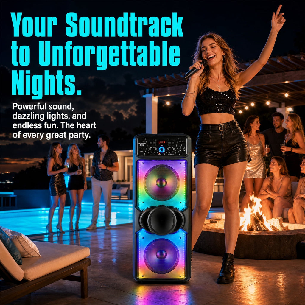 Dazone Dual 10" Bluetooth Speaker High Powered Rechagreable Wireless PA System Subwoofer Tweeter With AUX Microphone Karaoke LED Lights